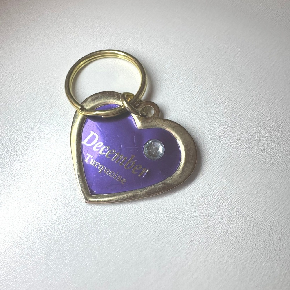 Heart Shaped December Turquoise Gemstone Keychain Charm Gold Tone Metal Purple